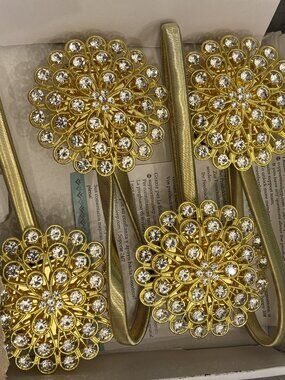 Magnetic Curtain Tie Backs (set of 4) Gold/Crystal Flower NEW